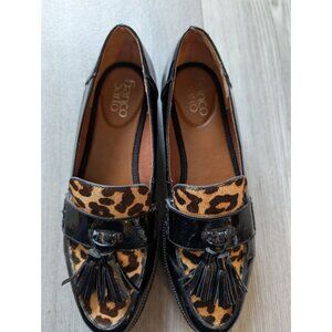 Franco Sarto Womens Black Patent Leather & Leopard Print Tassel Loafers Size 8